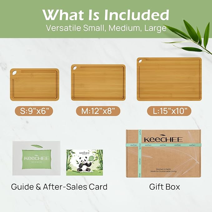 Wood Cutting Board for Kitchen - Reversible Bamboo Cutting Boards Gift Set of 3 with Juice Groove, Wooden Chopping Board for Meat, Fruit, Vegetables & Cheese (Pre Oiled, Natural)