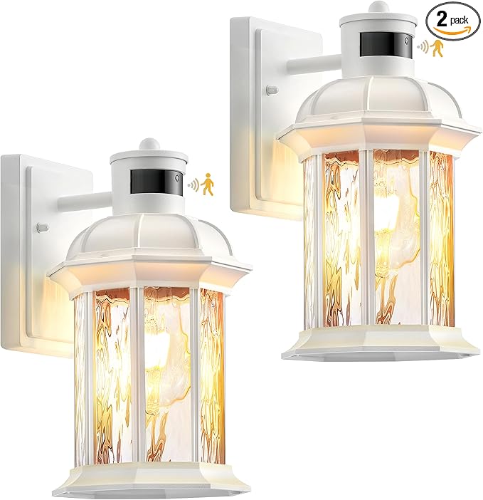 VIANIS 2-Pack Motion Sensor Outdoor Lights for House, White Garage Light Wall Mount Lantern, Modern Exterior LED Wall Lights Fixtures with Ripple Tempered Glass, Outside Wall Sconce Lamp for Porch