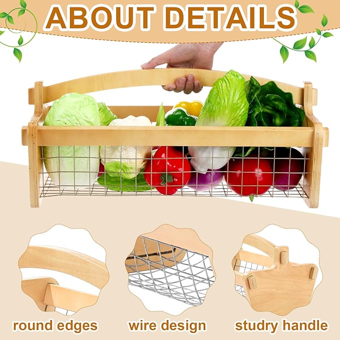 Large Garden Hod Harvest Basket 19 x 11 x 6 Inch, Wooden Gathering Basket with Handle Gardening Gifts for Mom Father Grandma Women Gardener Birthday Washing and Holding Fruit Vegetable