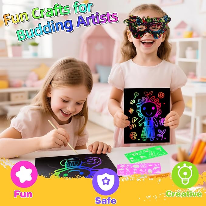60 Pcs Scratch Art for Kids, Rainbow Scratch Paper, Black Magic Scratch Off Craft Set for 3 4 5 6 7 8 9 10 Years Old Girls and Boys Kids, Party Games Christmas Birthday Easter Gifts