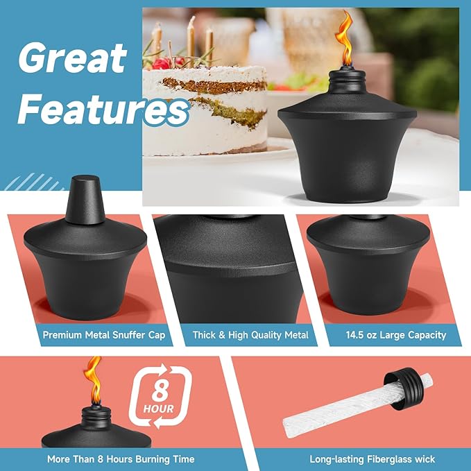 6-Pack Citronella Tabletop Torches, 14.5 oz Table Top Torches for Outdoor, Metal Oil Burner Candles, Garden Torches with Fiberglass Wick for Yard, Patio, Deck, Garden, Party, Landscape