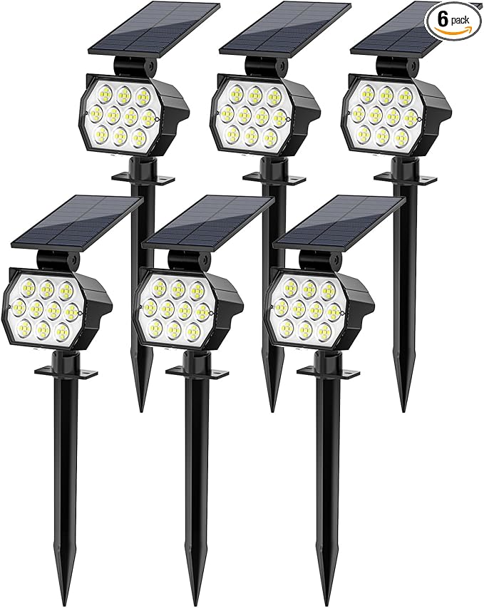 Solar Spot Lights Outdoor Waterproof IP67, 6 Pack - 50 LED Adjustable Solar Powered Landscape Spotlight with 3 Lighting Modes, Stake Light for Outside Yard Lawn Pathway Tree (Cool White)