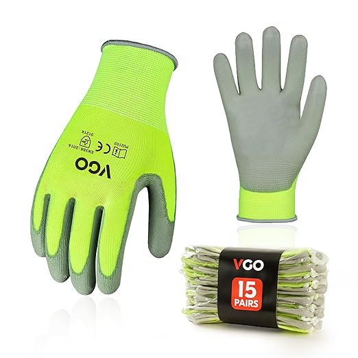 Vgo... 15-Pairs Safety Work Gloves, Gardening Gloves, Polyurethane Coated, Dipping Gloves, Latex Free (Size M, Yellow, PU2103)