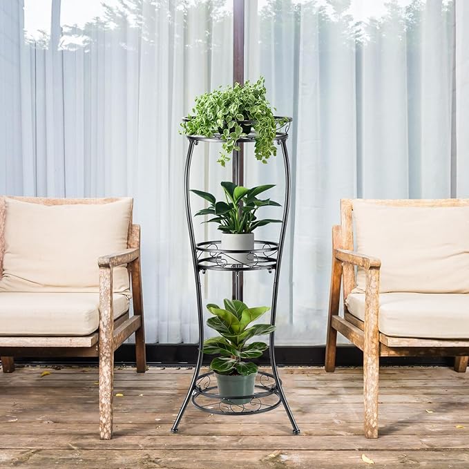 Metal Plant Stand Shelf Rack Indoor Outdoor Multiple Black 3 Tier Tall Corner Flower Pot Holder Stands Tiered Wrought Iron Planter Shelves for Patio Living Room Balcony Office (Black)