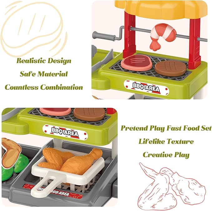 Kids BBQ Grill Play Set: Coffee, Card Reader, Cash Register, Play Food (Grilled Fish, Wings, Kebabs, Sausages), Play Money - Educational Toy Kitchen Ages 3+