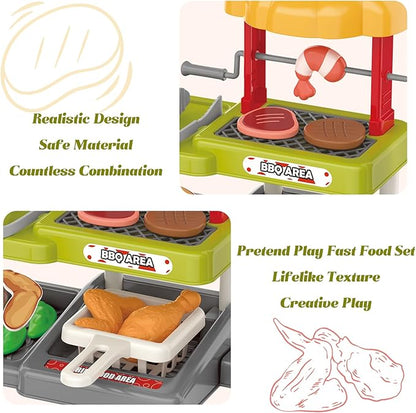 Kids BBQ Grill Play Set: Coffee, Card Reader, Cash Register, Play Food (Grilled Fish, Wings, Kebabs, Sausages), Play Money - Educational Toy Kitchen Ages 3+