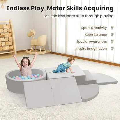 7-Piece Foam Climbing Blocks for Toddlers, Baby Climb and Crawl Soft Play Set with Ball Pit, Machine Washable Cover, Indoor Activity Play Structure, Climbing Toys for Toddlers 1-3 (Gray)
