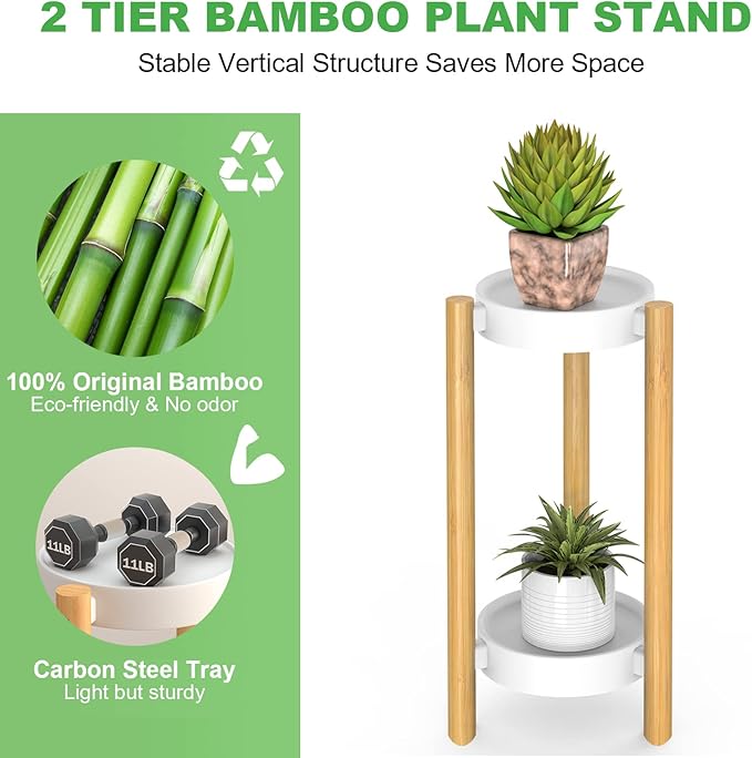 Bamboo Plant Stands Indoor, 2 Tier Steel Tray Tall Corner Plant Stand Holder & Plant Display Rack for Outdoor Garden Indoor Home (2 Tier)