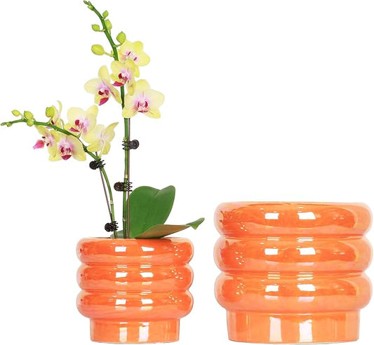 7.8 Inch + 5.7 inch 2 pcs Ceramic Plant Pots for Indoor Plants, Rainbow Pearl Glaze Planter with Planters for Plants with Drainage Hole, Orchid Pots, Succulent Pot, Flower Pot (Orange)