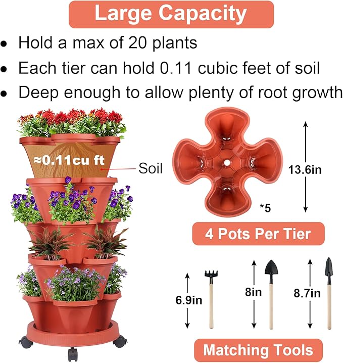 Vertical Planter 5 Tier Stackable Planters Garden Planters Strawberry Herb Flower and Vegetable Planter Indoor Outdoor Gardening Pots with Removable Wheels and Tools
