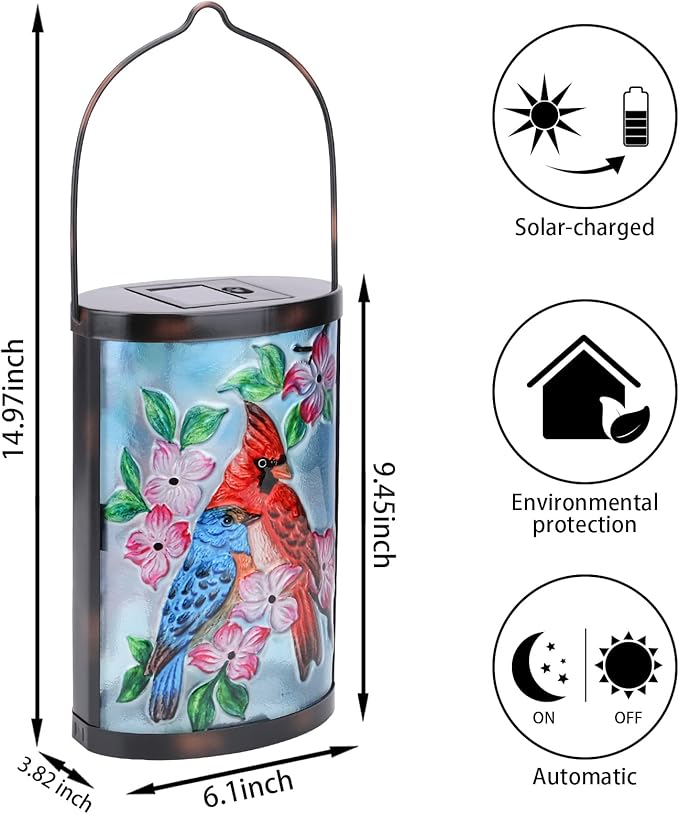 Hanging Solar Lantern Outdoor Bluebird Waterproof LED Cardinal Light Decorative Tabletop Lamp for Patio Garden Yard Decor