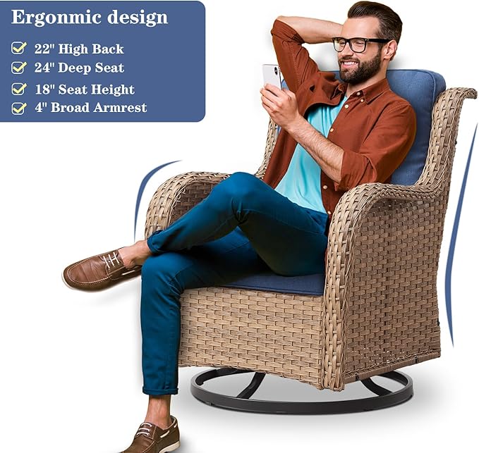 Wicker Outdoor Furniture Patio Furniture Set - 6 Piece Patio Conversation Set with Swivel Rocker Chairs, Loveseat Sofa, Ottomans and Coffee Table, Blue Cushion