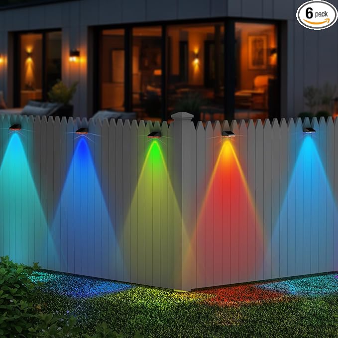 HENRE Solar Fence Lights - 9 Color Modes & Cyclical Gradient, IP44 Waterproof Solar Lights Outdoor, Auto On/Off, Fence Lights Solar Powered for Garden, Pathway, Yard Decor (6-Pack)