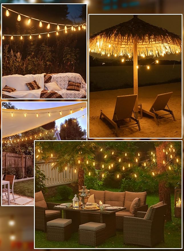 Ollny 50FT Outdoor String Lights, Shatterproof Connectable Patio Lights with 25+2 Spare ST38 Vintage Bulbs, 2200K Warm White Waterproof Outside Hanging Light for Camping Yard Gazebo Porch Balcony