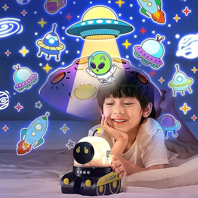 Kids Cartoon Projector Lamp, Cartoon Robot Car Projection Lamp, Rechargeable Robot Night Light with Music, Universe Starry Sky Rotate LED Animal Holiday Room Decor, 21 Discs(2pcs)