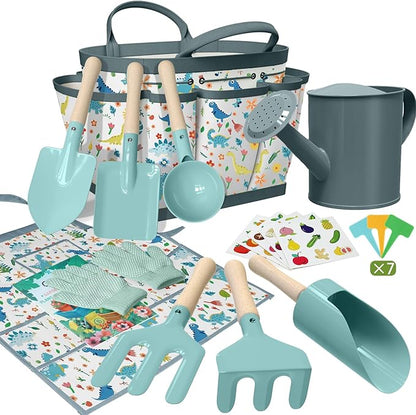 Kids Gardening Set 14Pcs Gardening Tools for Kids with Tote Bag,Watering Can, Shovel, Apron, Garden Book and More Educational STEM Learning Outdoor for Toddlers Boys Girls (Dinosaur Blue)