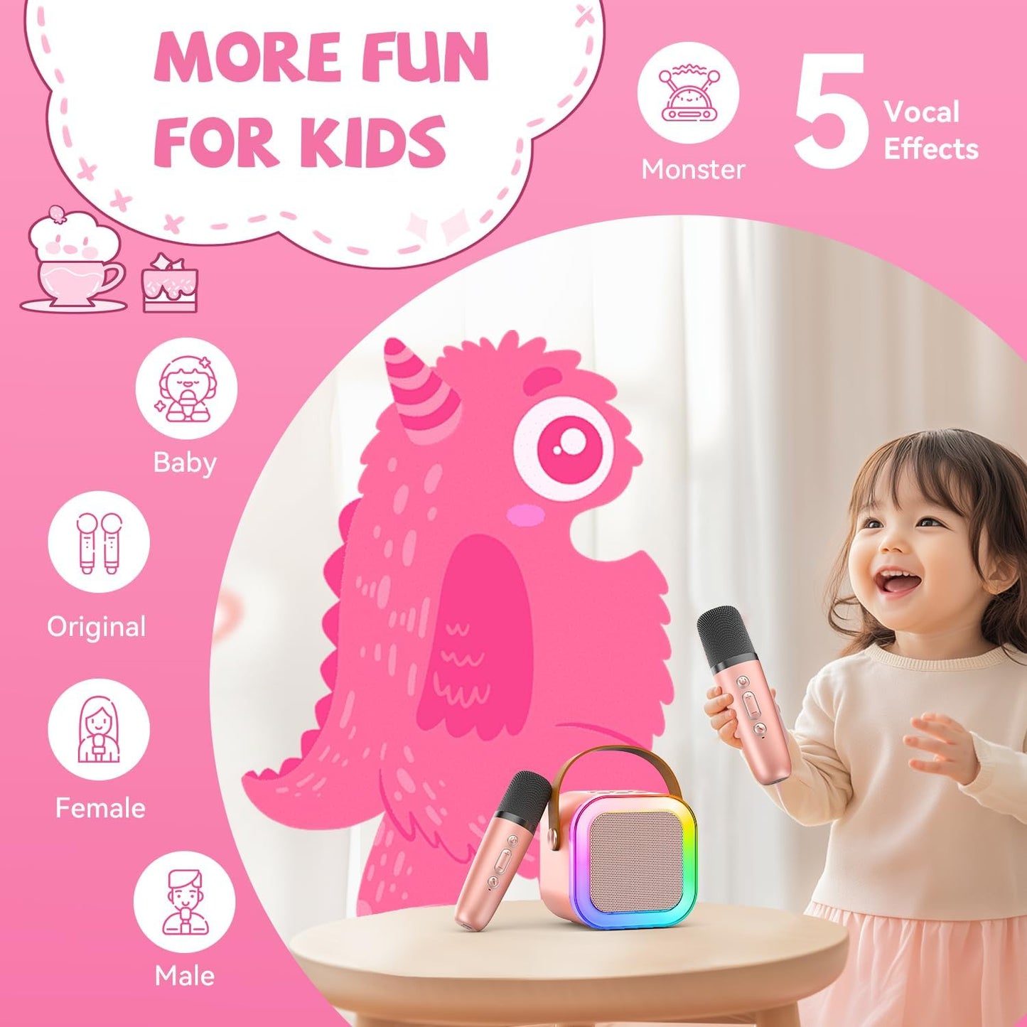 【2025 Newest】 Mini Karaoke Machine for Kids Girls & Boys - Portable Bluetooth Speaker with 2 Wireless Microphones - Kids Birthday Gifts for Ages 4-10 - Kids' Instrument Accessories - Rose Gold