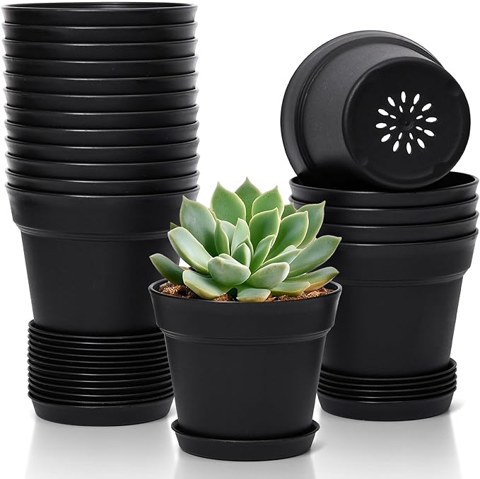 T4U 4 Inch Plant Pots 18-Pack - Small Plastic Planter with Drainage Hole and Saucer, Decorative Nursery Pot Bulk for African Violet, Snake Plant, Succulent and All House Plants Indoor (Black)