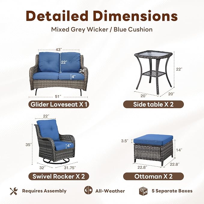 Outdoor Patio Furniture Set - 7 Piece Gray Wicker Conversation Patio Furniture Set All Weather Swivel Chairs with Ottoman and Loveseat Glider Chair for Deck Balcony Backyard