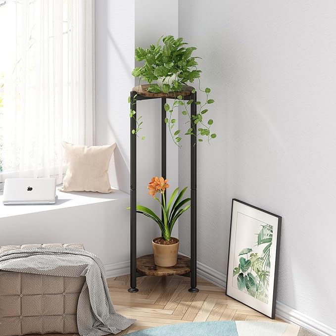 Plant Stand Indoor Corner Tall 2 Tier Metal Modern Flower Storage Plant Shelf Holder for Living Room Balcony Garden,Black (2 Tier-Black Round)