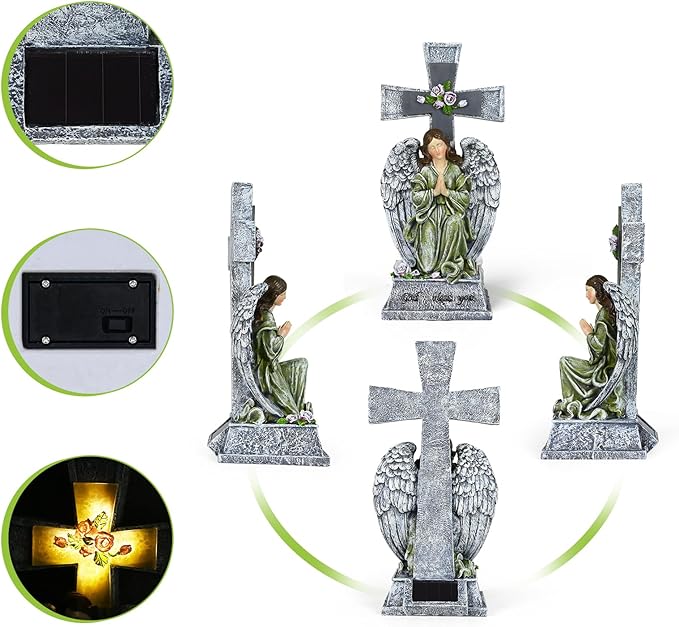 Yiosax-Solar Angels for Cemetery-Garden Statue Lights Decor - Before The Cross on One Knee Wings Praying Angel Figurine Bless You Cemetery Patio Lawn Yard Porch Decorations