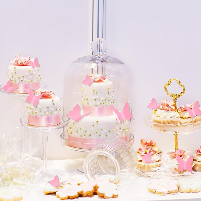 BBTO 48 Pieces Butterfly Wall Decor DIY Mirror 3D Butterfly Stickers Removable Decals for Home Bedroom School Bathroom Living Room Decor(Pink)