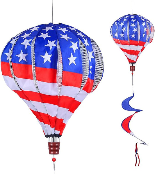 BATTIFE 2Pcs Patriotic Hot Air Balloon Wind Spinner, American Flag Kinetic Wind Twister with Tail, Outdoor Spiral Windmill Garden Yard, 4th of July Hanging Decoration
