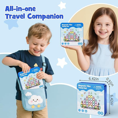 60-Piece Mini Magnetic Tiles Set with Iron Box - Ideal Travel Puzzle Toys for Toddlers Aged 3-5, Montessori STEM Building Blocks, Educational Birthday Gift