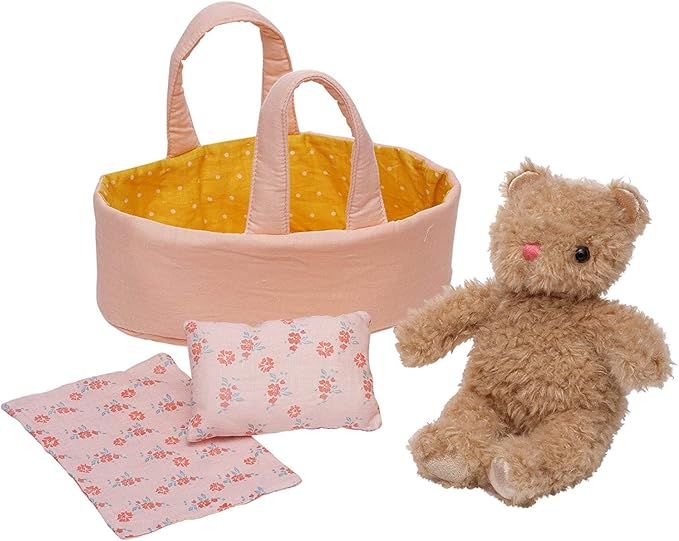 Manhattan Toy Moppettes Bea Bear Stuffed Animal Nurturing Playset with Bear Plush Toy, Fabric Bassinet, Blanket & Pillow