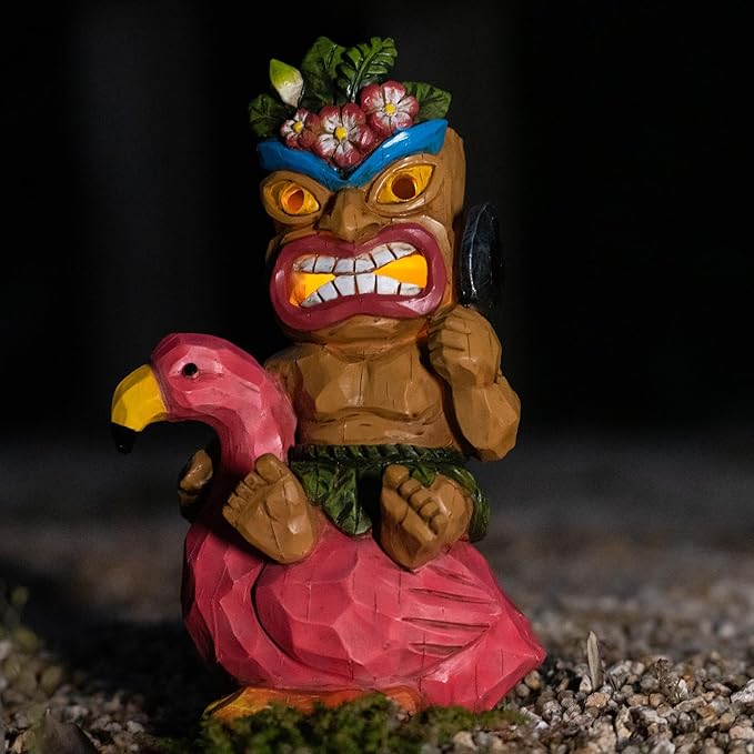 Solar Tiki Statue Flamingos Decor - Tiki Decorations Outdoor for Bar, Patio, Balcony, Yard,Lawn Ornament