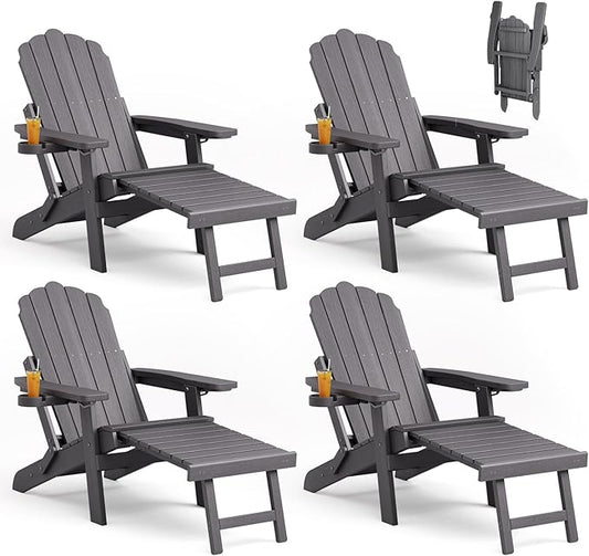 Folding Adirondack Chair Set of 4 with Adjustable Backrest, Adirondack Chair with Retractable Ottoman with 2 Cup Holders, for Pool Deck Beach Garden, Grey