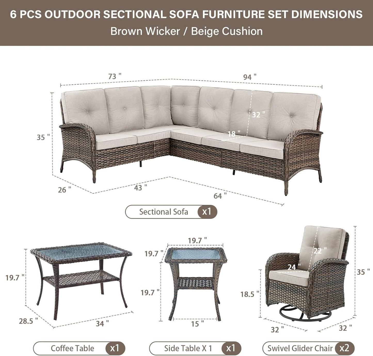 Outdoor Furniture Set - 6 Pieces Patio Conversation Sectional Sofa Set with Swivel Rocker Outdoor Chairs Set of 2 and Wicker Coffee Table for Deck Backyard Sunroom Brown