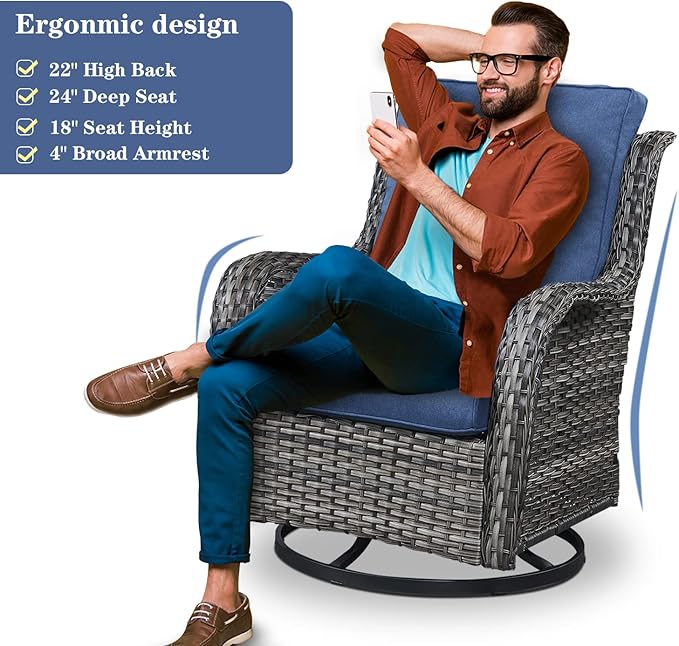 Outdoor Patio Furniture Set with 50000BTU Propane Fire Pit Table, 4 Pieces Wicker Patio Conversation Set with 2 Swivel Rocker Glider Chairs Rattan Sofa Blue Cushion Perfect for Gathering