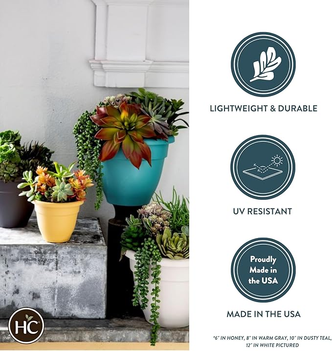 The HC Companies 6 Inch Caribbean Planter - Lightweight Indoor Outdoor Plastic Plant Pot for Herbs and Flowers, White (4 Pack)