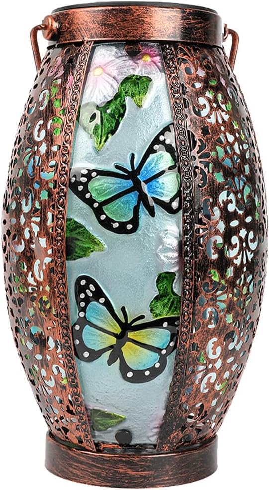 Butterfly Solar Lanterns Glass & Metal Hanging Lantern Outdoor Waterproof 16" H Tabletop Light with Hollowed-Out Design for Garden Patio Table Decor Mother's Day Gift