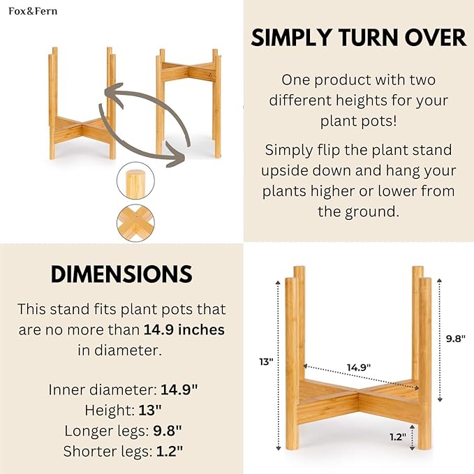 Fox & Fern Bamboo Plant Stand — 14.9 Inch Fixed Size Wooden Mid Century Planter Stand for Indoor Plants; Extra Large Flower Pot Holder for Indoor Big Pots; Plug In Design; Two Height Options - Bamboo