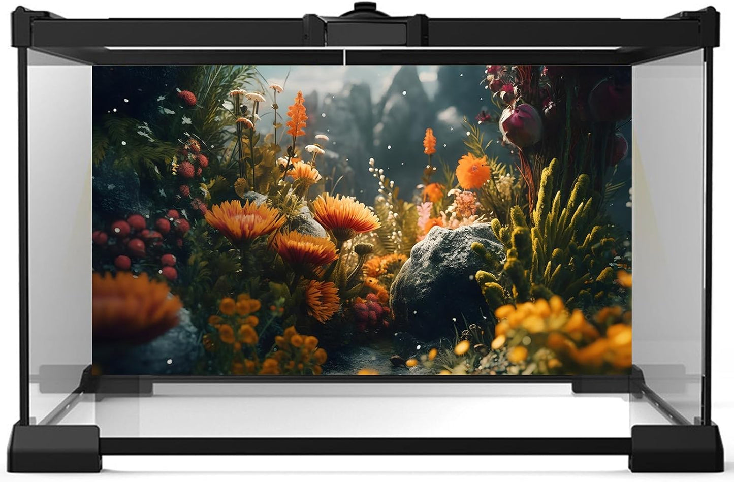 Foggy Stone Terrarium Background Green Seaweed Scenery Orange Floral Aquarium Background Durable Reptile Habitat Flower Background Mysterious Tank Backdrop Vinyl 36x20in