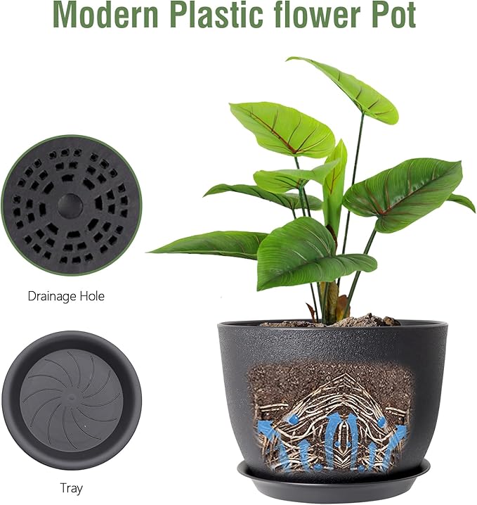 12 inch Large Plant Pots, Plastic Planters with Drainage Holes and Saucers, Flower Pots for Indoor Outdoor Plants, Modern Decorative Pots for Garden House Plants, Black