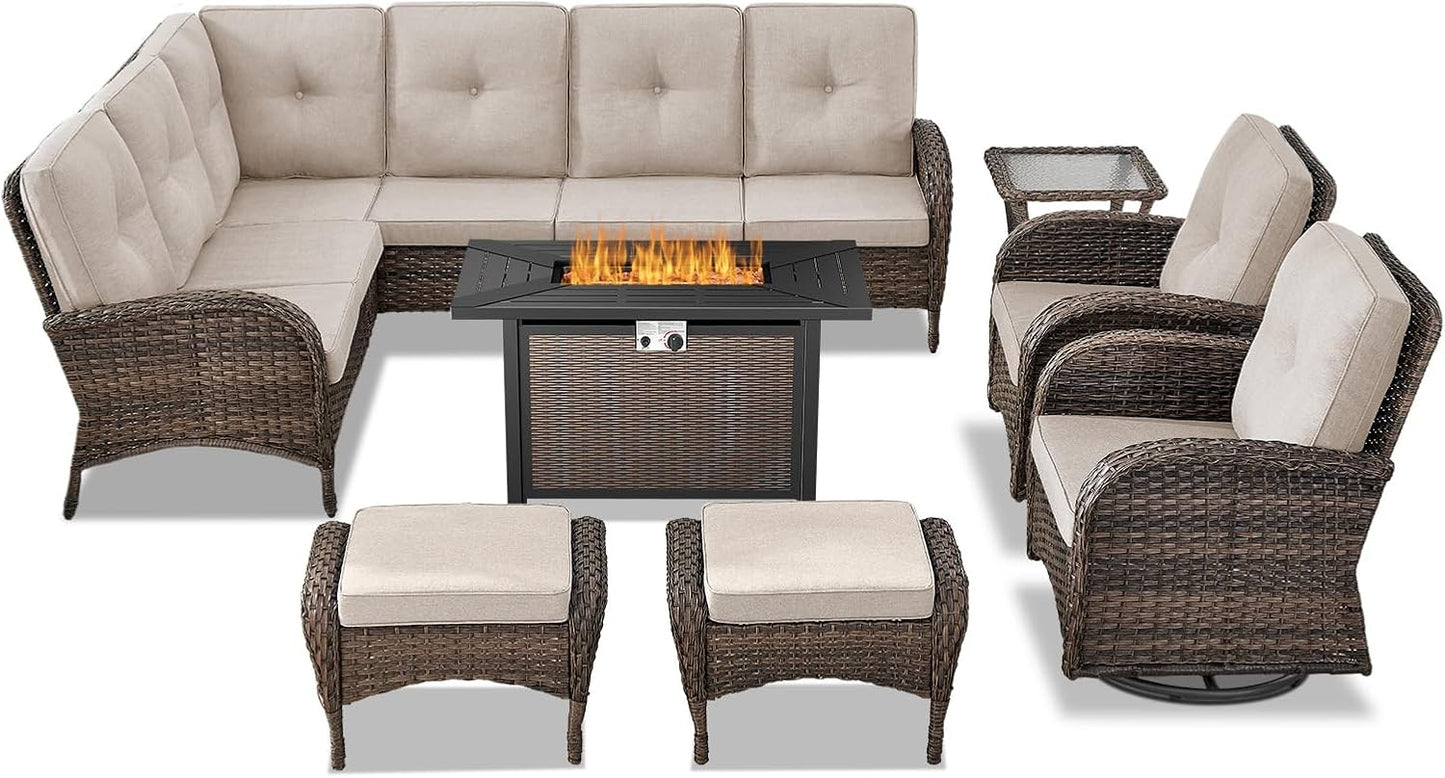 8 Pieces Patio Conversation Set with 43” Propane Fire Pit Table, Outdoor Sectional Furniture Sofa Set with Removable Cushions for Patio Deck Backyard Brown