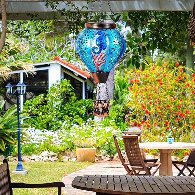 Seahorse Solar Hot Air Balloon Lantern with Flame Flickering Metal Hot Air Balloon Solar Lanterns Outdoor Waterproof Hanging Outdoor Lights for Yard,Patio,Garden Decor Birthday Gift for Women