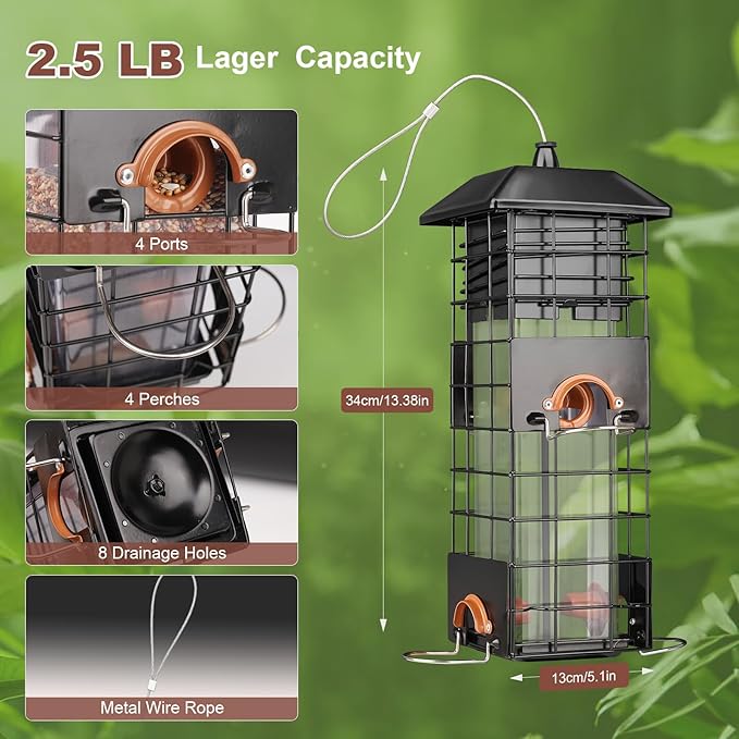 Squirrel Proof Bird Feeder - Metal Outdoor Design with 4 Feeding Ports, Wild Bird Feeders for Outside, 2.5lb Large Capacity, Ideal Gift for Bird Lovers