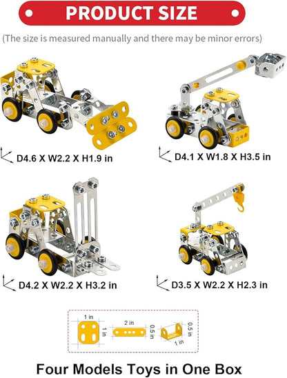 Erector Set for Boys Age 8-12,4 Mini Metal Model Set for Kids,Engineering Metal Building Kit,Learning Construction Truck Building Toys for Boys Age 8-12 DIY STEM Educational Gifts (330pcs)
