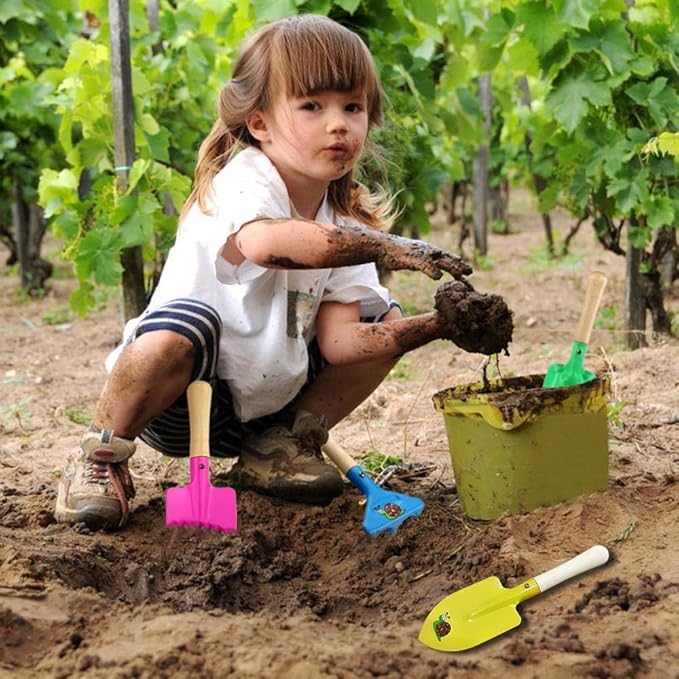 Kids Gardening Set Wooden Handle, 6 Piece (Pink+Blue), Kids Beach Shovel Set, Sandbox Play Toy and Garden Hand Tool