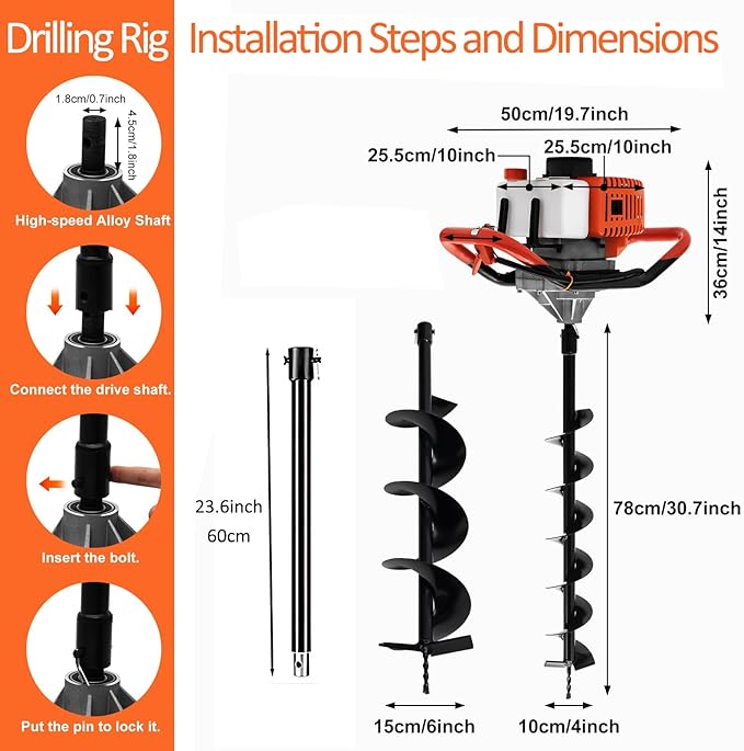 62cc 2.8HP Post Hole Digger Gas Powered, Gas Earth Auger/Ice Auger, with 2 Drill Bits 3"/6"/8" + 3 Extension Bar, One Man Earth Auger for Planting Fence, EPA Compliant Post Hole Auger