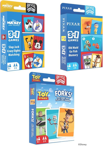 Bicycle Disney Games Bundle: 3 in 1 Mickey Card Games, 3 in 1 Pixar Card Games, and Disney Pixar Forks: Plays Like Spoons, Includes 7 Different Games