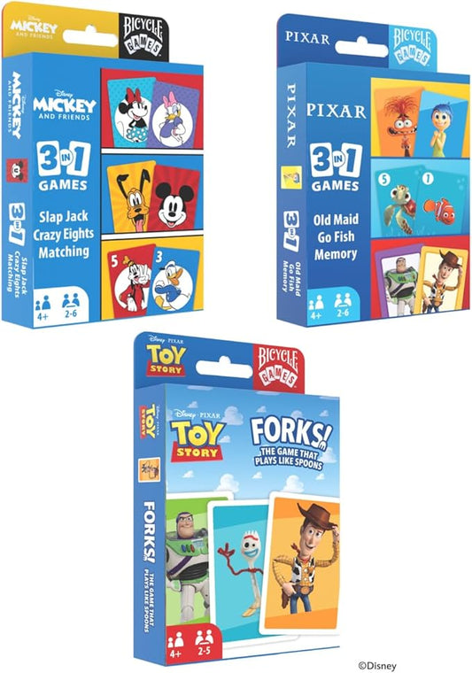 Bicycle Disney Games Bundle: 3 in 1 Mickey Card Games, 3 in 1 Pixar Card Games, and Disney Pixar Forks: Plays Like Spoons, Includes 7 Different Games
