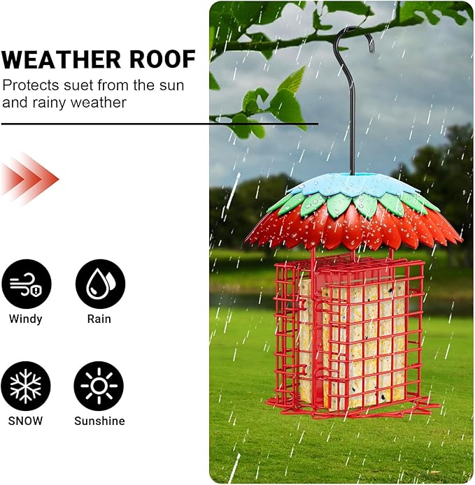 Suet Feeder Double with Weather Guard & Ant Moat, Skaithee Bird Feeders for Outdoors Hanging with 2 Holders Keep Cakes Clean & Fresh Attracts Wild Birds Great for Woodpecker & Clinging Birds, Red