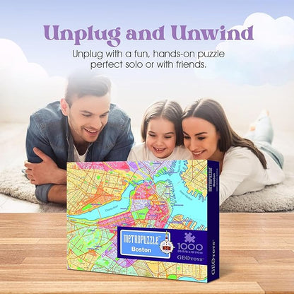 GeoToys Metropuzzle, Boston Jigsaw Puzzles 1000 Pieces, Detailed City Map Geography Puzzle, Challenging Adult Puzzle, Fun Puzzles for Adults, Family Puzzles, US City Map Poster Included