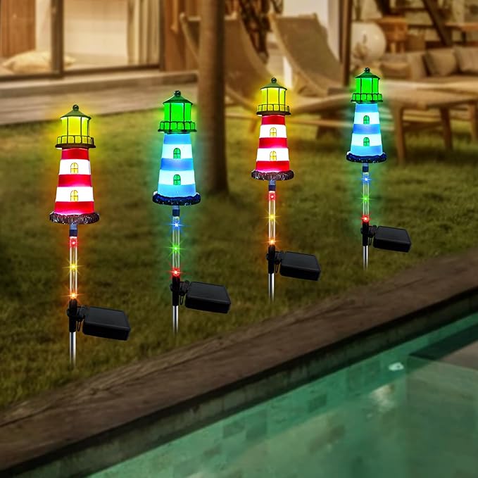 Solar Lights Outdoor Waterproof,2 PCS Lighthouse Solar Outdoor Lights,IP65 Waterproof Pathway Transparent Tube Lighthouse with 7 Color Gradients, for Your Home Patio Walkway Lawn Decor