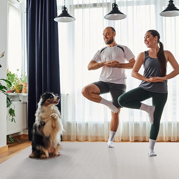 12 Tiles 12x12x1 inch EVA Interlocking Foam Floor Tiles Puzzle Exercise Mat Play Foam Mats for Boys Girls Baby Pets Home Classroom Nursery Gym (White)